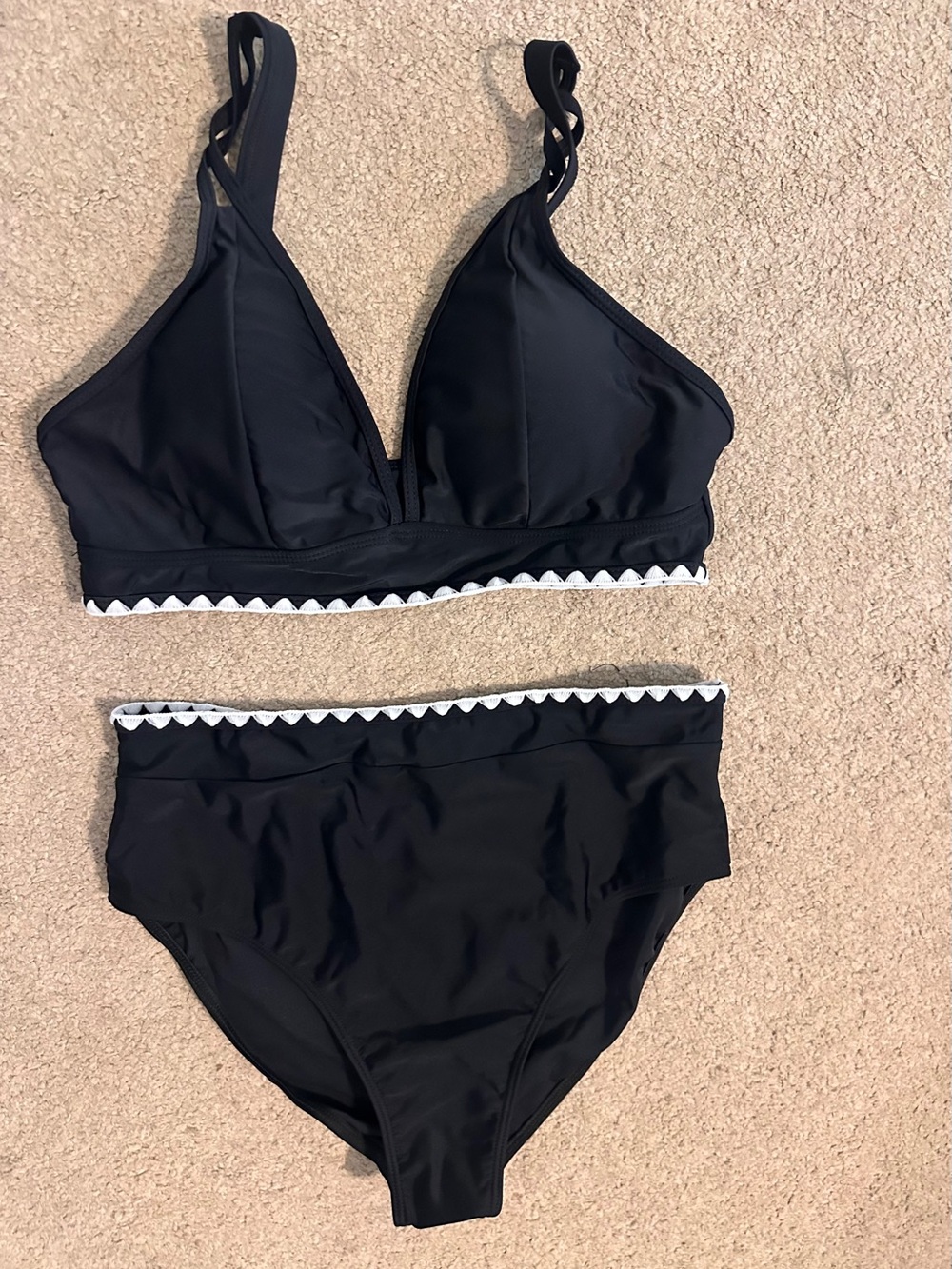 Black High-Waist Bikini Set with White Trim - Women Swim